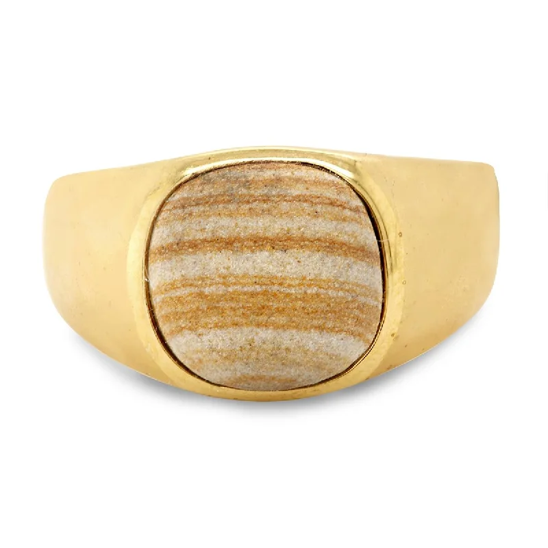 intricate band ladies ring-MEN'S GOLD PLATED FASHION RING WITH WOOD JASPER