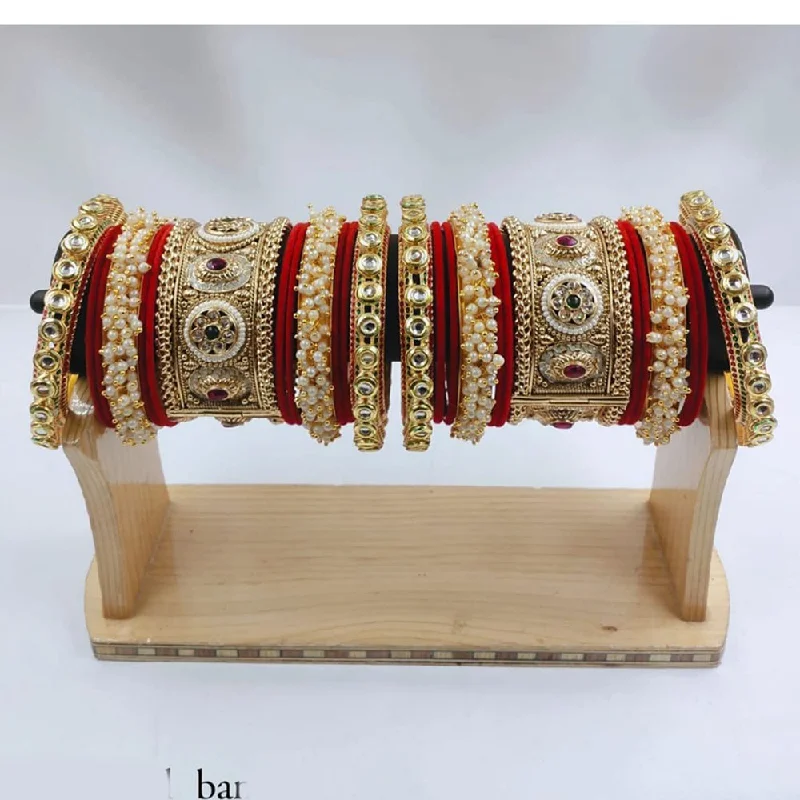 multi-stone ladies bracelet-Akruti Collection Gold Plated Kundan Stone And Pearl Meenakari Bangles Set