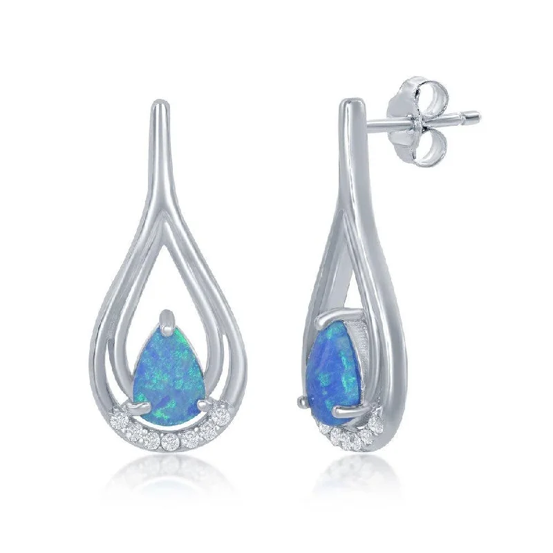 handcrafted gemstone ladies earrings-Sterling Silver Blue Opal Pearshaped With CZ Earrings