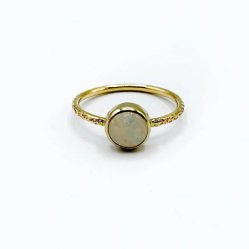 round-cut ladies ring-Soft White Opal with Pastel Fire