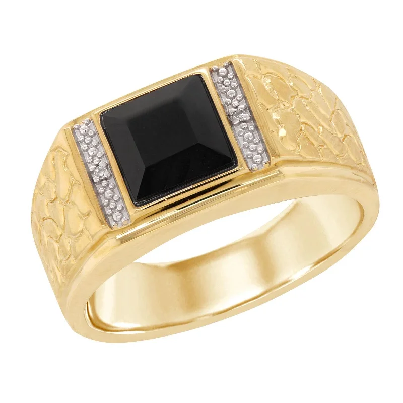 luxury bridal ladies ring-MEN'S YELLOW GOLD FASHION RING WITH BLACK ONYX AND DIAMONDS, .007 CT TW