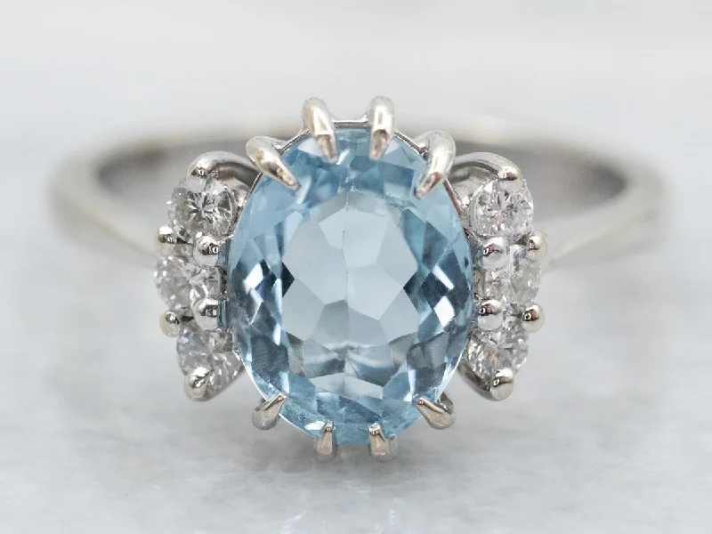 micro-pavé engagement ring for women-White Gold Aquamarine and Diamond Ring