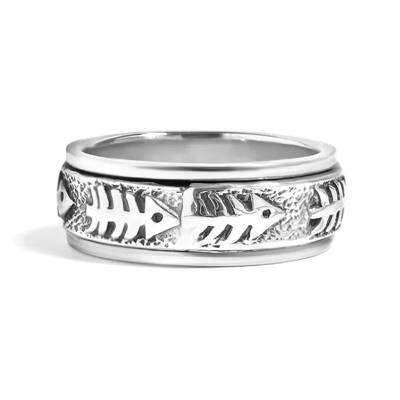 diamond ladies ring-Sterling Silver Fish Bone Spinner Ring / SSR0043