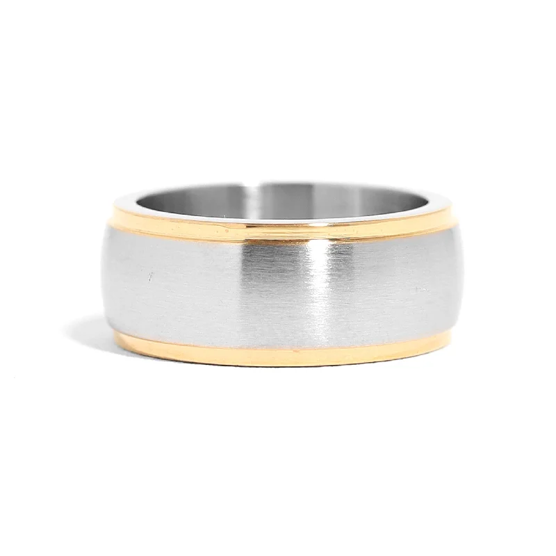 stacking bridal ladies ring-Magnetic Brushed Center With Gold Accents Stainless Steel Ring / MCF2003