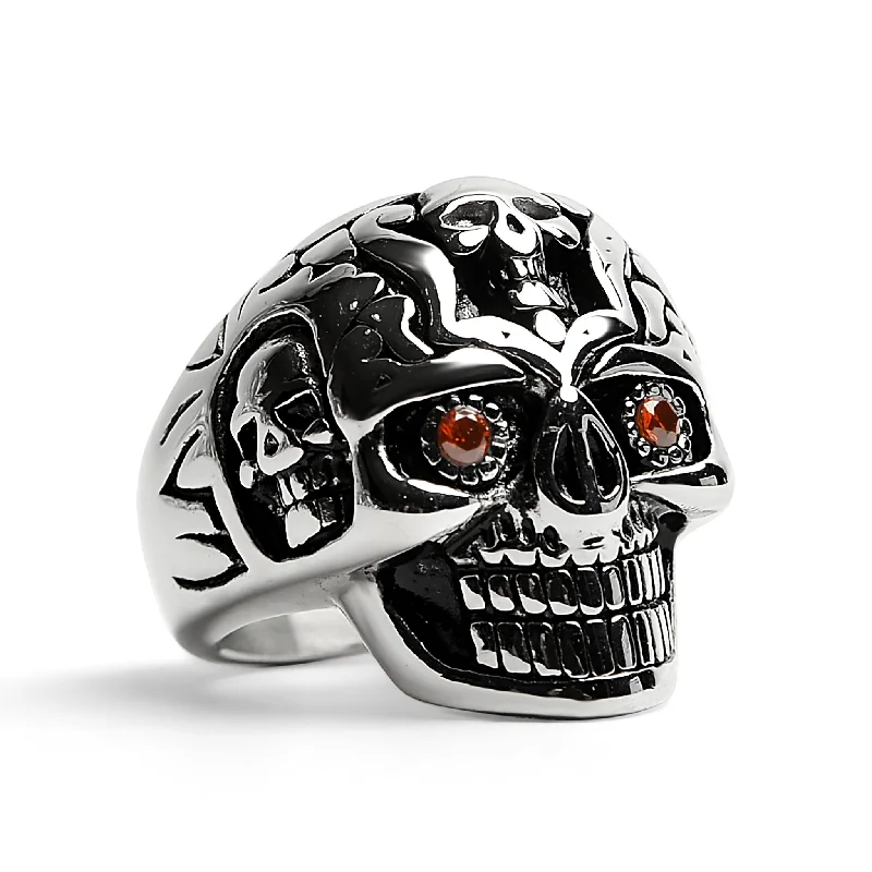 heirloom style ladies ring-Stainless Steel Red CZ Eyed Sugar Skull Ring / SCR4088