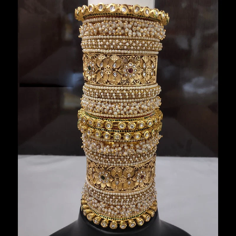 micro-pave ladies bracelet-Lucentarts Jewellery Gold Plated Kundan And Pearl Bangles Set