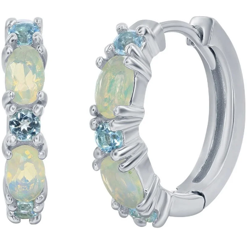 sunburst ladies earrings-Classic Women's Earrings - White Opal and London Blue Topaz Stone 18mm Hoop | D-8195