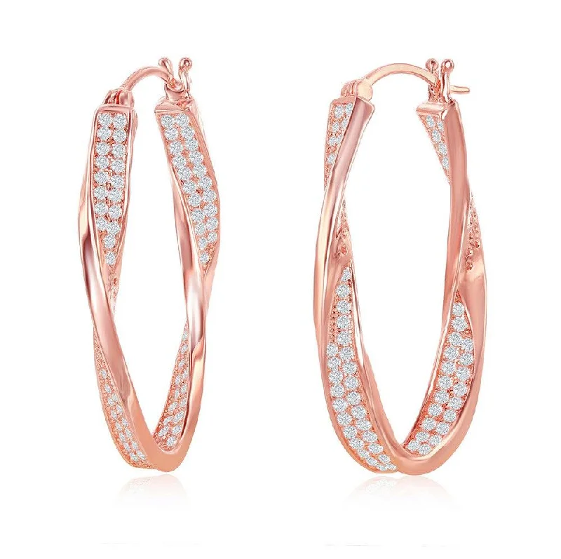 classic ladies earrings-Sterling Silver Rose Gold Plated Micro Pave Twisted Oval Earrings