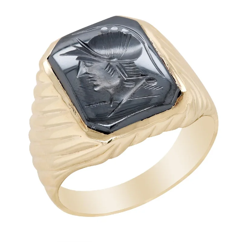 cluster setting ladies ring-MEN'S YELLOW GOLD FASHION RING WITH AN INTAGLIO DESIGN CARVED INTO HEMATITE