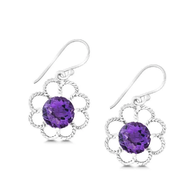 luxury designer ladies earrings-Sterling Silver Open Petal Flower with Center Round Amethyst Earrings