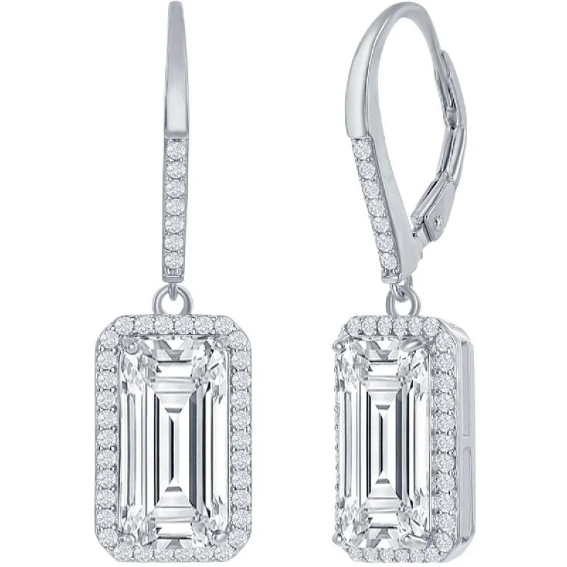 everyday wear ladies earrings-Classic Women's Earrings - Sterling Silver Emerald Cut White CZ with Halo | D-7657