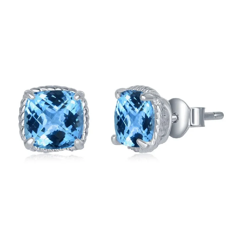 feather motif ladies earrings-Sterling Silver 6mm Cushion Cut Blue Topaz Earrings