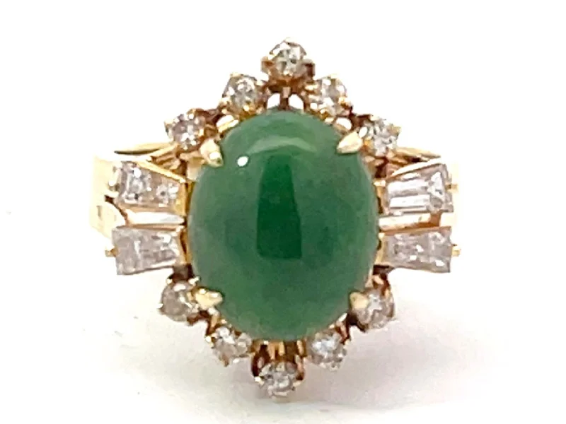 antique finish ladies ring-Round Brilliant and Baguette Diamond Halo Dark Green Jade Ring 14K Yellow Gold