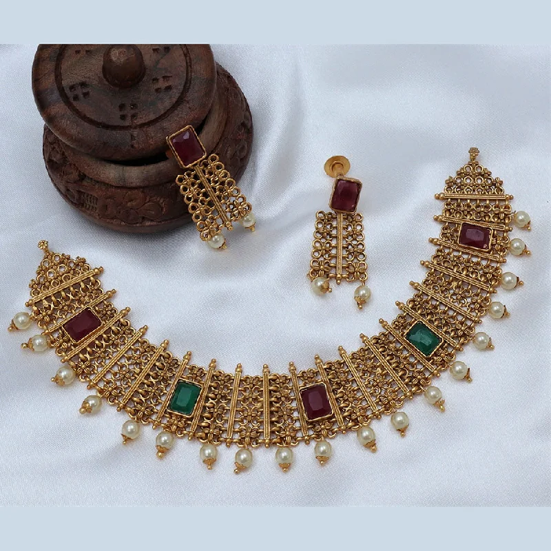 rose quartz ladies necklace-Diksha Collection Gold Plated Pota Stone Necklace Set