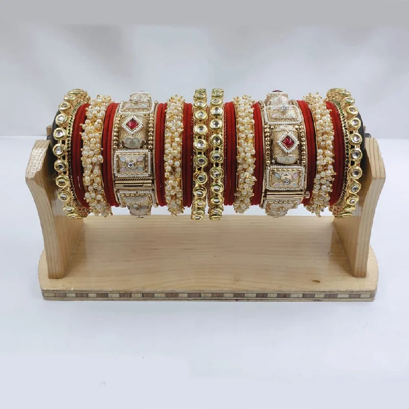 crystal charm ladies bracelet-Akruti Collection Gold Plated Kundan Stone And Pearl Meenakari Bangles Set