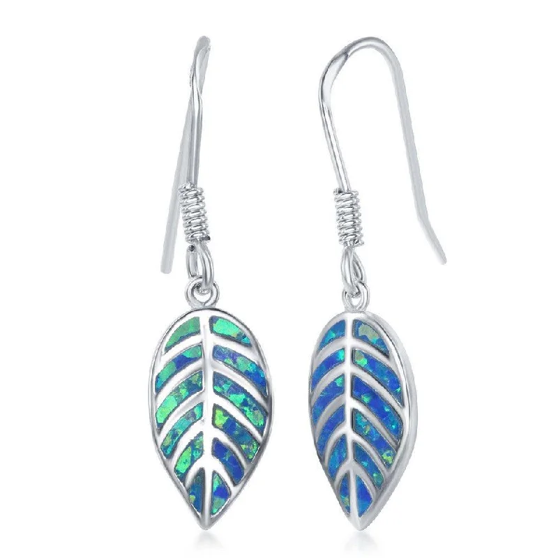 floral design ladies earrings-Sterling Silver Blue Inlay Opal Leaf Earrings