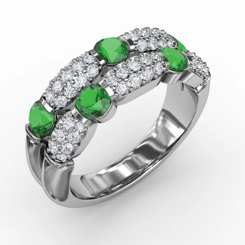 emerald-cut engagement ring for women-Double Row Emerald and Diamond Ring R1592E