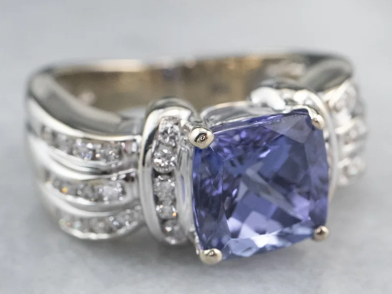 two-tone engagement ring for women-Modern Tanzanite and Diamond Ring