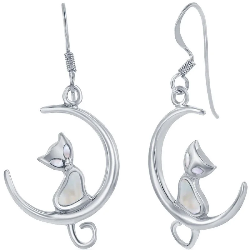 delicate floral ladies earrings-Classic Women's Earrings - Sterling Silver White Mother of Pearl Cat on Moon | D-8030