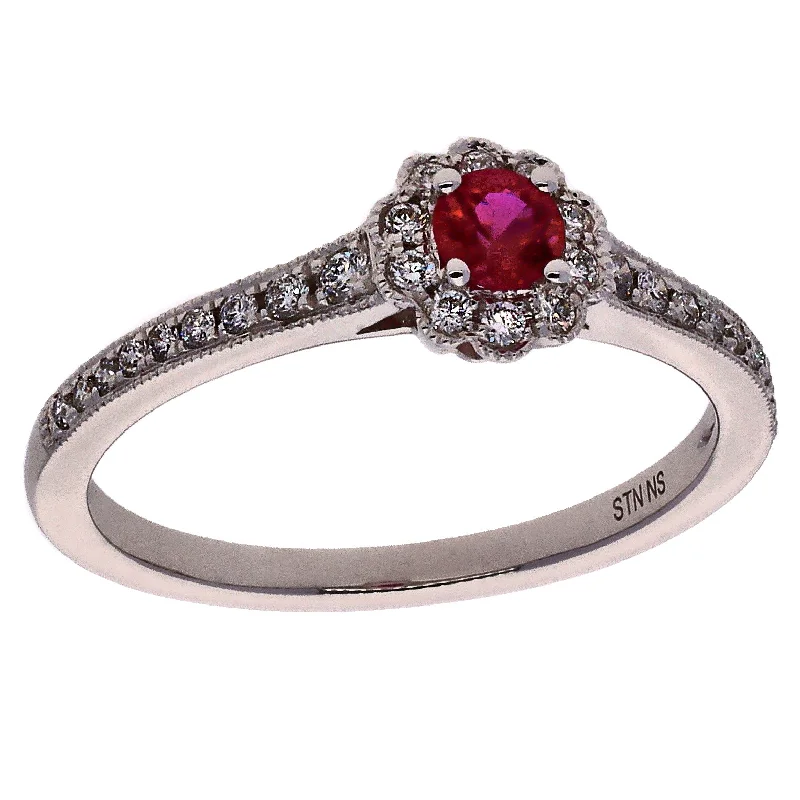 gemstone-accented ladies ring-14K White Gold Round Ruby and Diamonds Fashion Ring