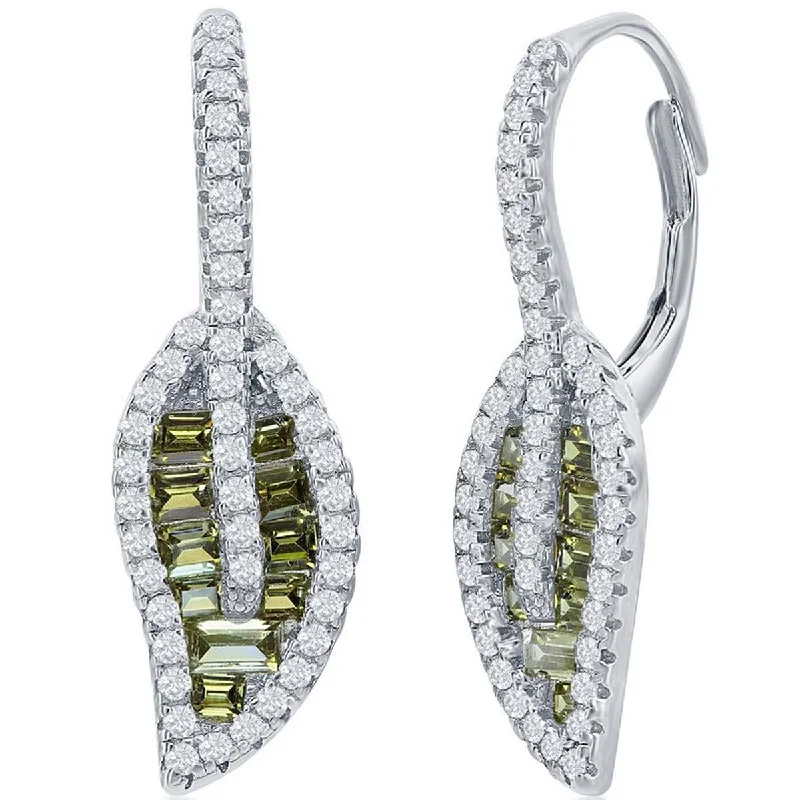 antique filigree ladies earrings-Classic Women's Earrings - Silver Peridot Baguette and Round White CZ Leaf | D-8159