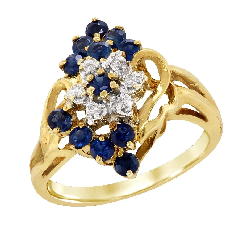 braided band ladies ring-YELLOW GOLD FASHION RING WITH SAPPHIRES AND DIAMONDS, .06 CT TW