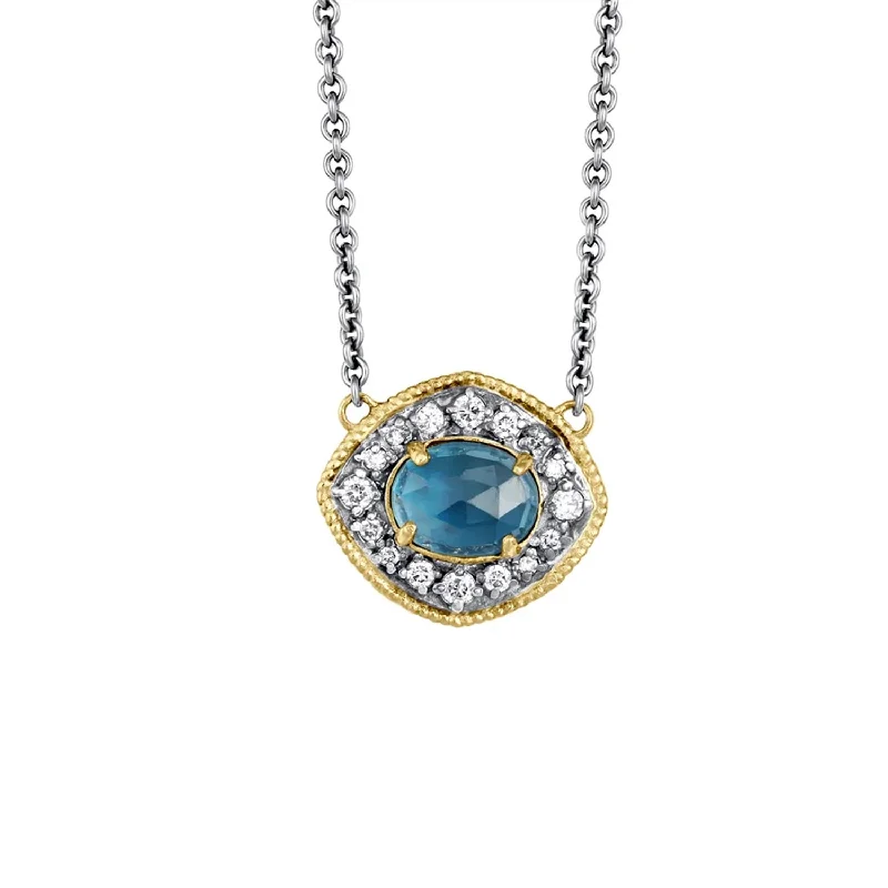 tree of life ladies necklace-18K Yellow Gold and Grey Sterling Silver London Blue Topaz and Diamond Necklace