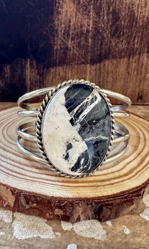 modern geometric ladies bracelet-YIN YANG Augestine Largo White Buffalo & Silver Cuff 50g