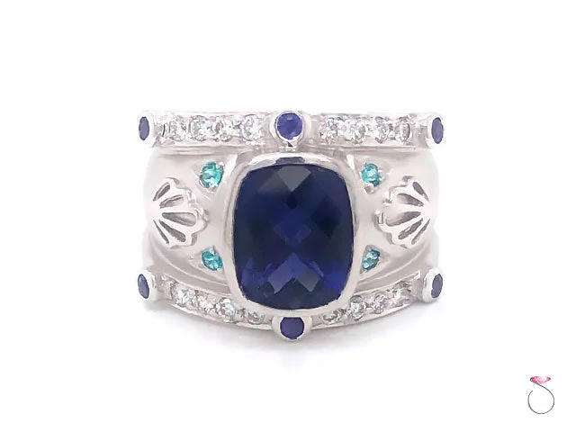 overlapping band ladies ring-Large 3.50 Carat Tanzanite and Diamond Cocktail Ring in 18K White Gold