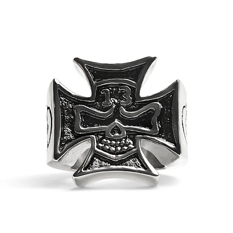 gold ladies ring-Large "13" Skull In Maltese Cross Stainless Steel Ring / SCR4009