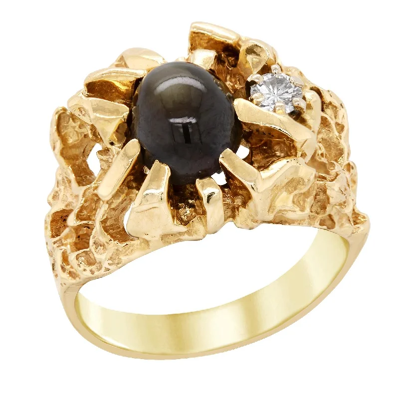 tapered baguette ladies ring-MEN'S YELLOW GOLD FASHION RING WITH BLACK STAR SAPPHIRE AND A .10 CT DIAMOND