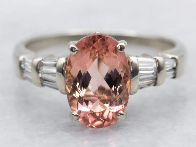 handcrafted gemstone engagement ring for women-White Gold Peach-Pink Tourmaline Diamond Ring