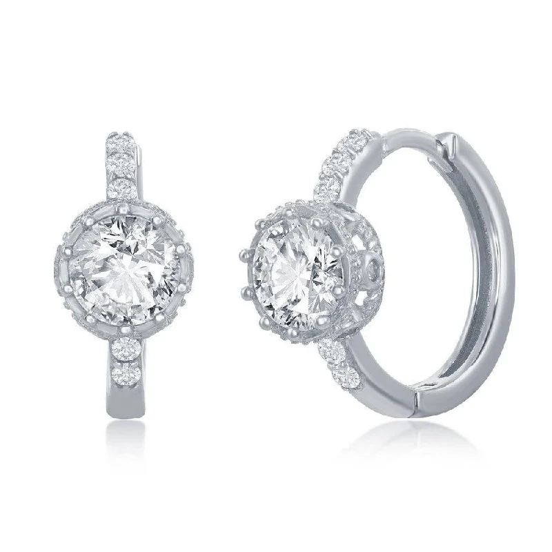 bold statement ladies earrings-Sterling Silver Prong Crown Set CZ Huggie Hoop Earrings