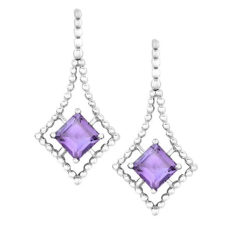 eco-friendly ladies earrings-Sterling Silver Open Beaded Square with Center Square Amethyst Earrings