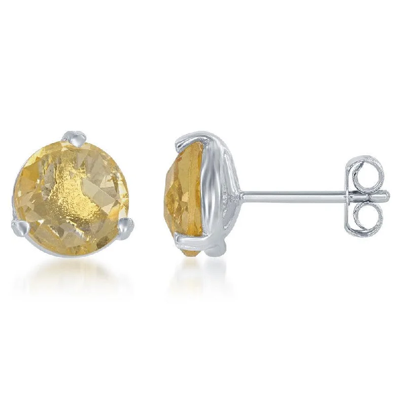 small diamond stud ladies earrings-Sterling Silver Yellow Round Citrine Stud Earrings