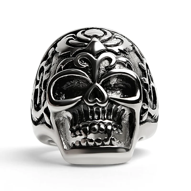 eco-friendly gold ladies ring-Detailed Skull Stainless Steel Ring / SCR4029