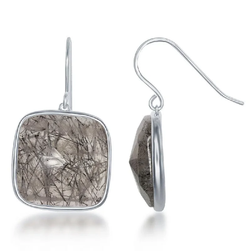 celestial theme ladies earrings-Sterling Silver Square Black Rutilated Quartz Earrings