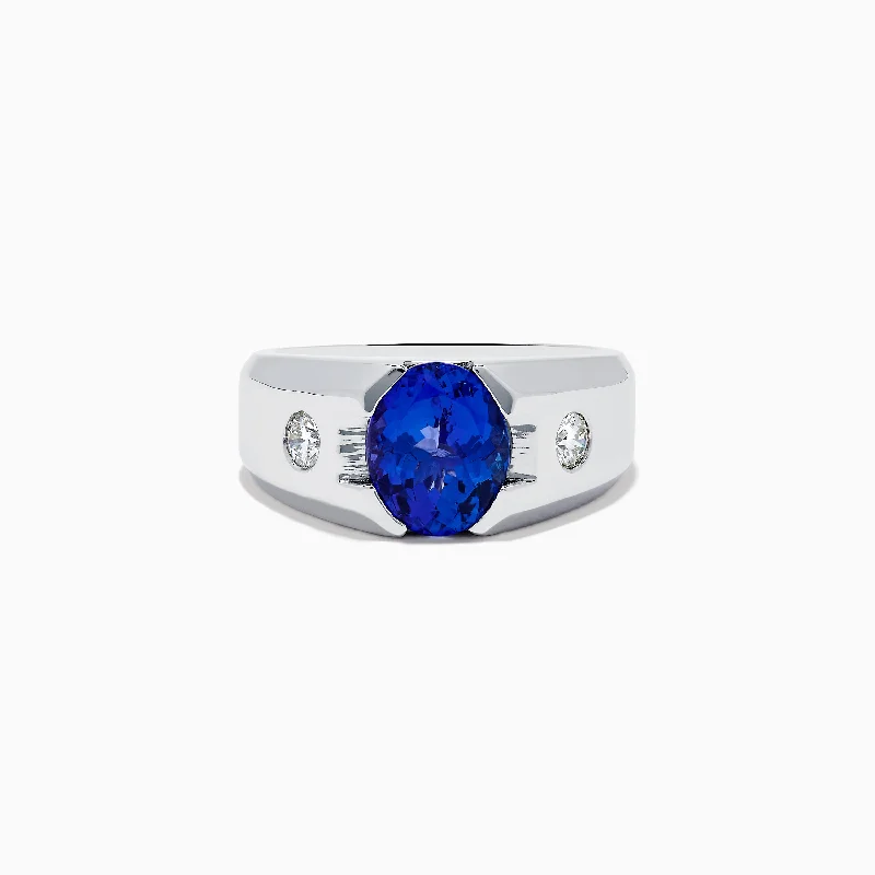 layered band diamond engagement ring for women-Men's 14K Whit e Gold Tanzanite and Diamond Ring