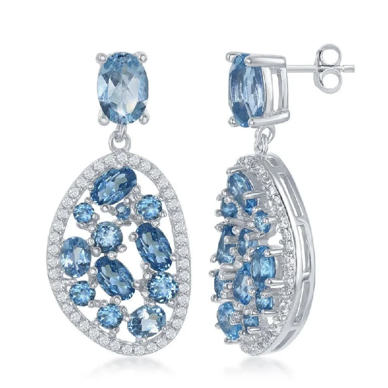 emerald-cut ladies earrings-Sterling Silver Blue Topaz Multi Shape Earrings