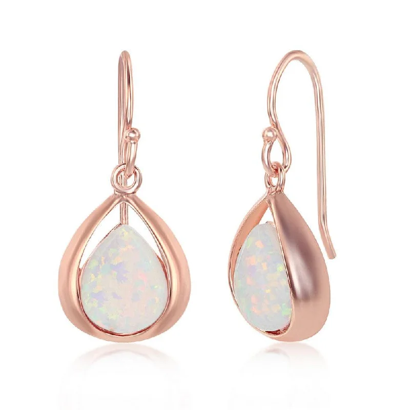 micro-pave ladies earrings-Sterling Silver Rose Gold Plated Pear-Shaped White Opal Earrings