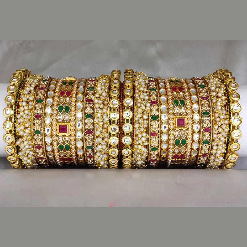 filigree charm ladies bracelet-Pooja Bangles Gold Plated Kundan Stone And Pearl Bangles Set