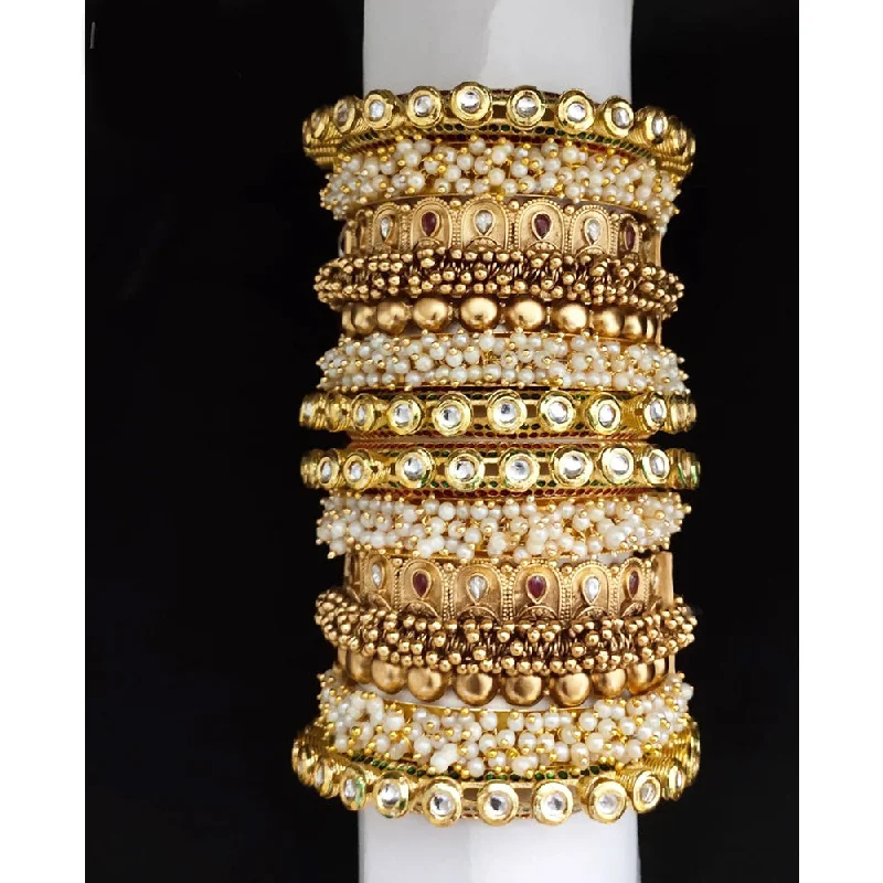 star and moon ladies bracelet-Akruti Collection Gold Plated Pearl And Kundan Bangle Set