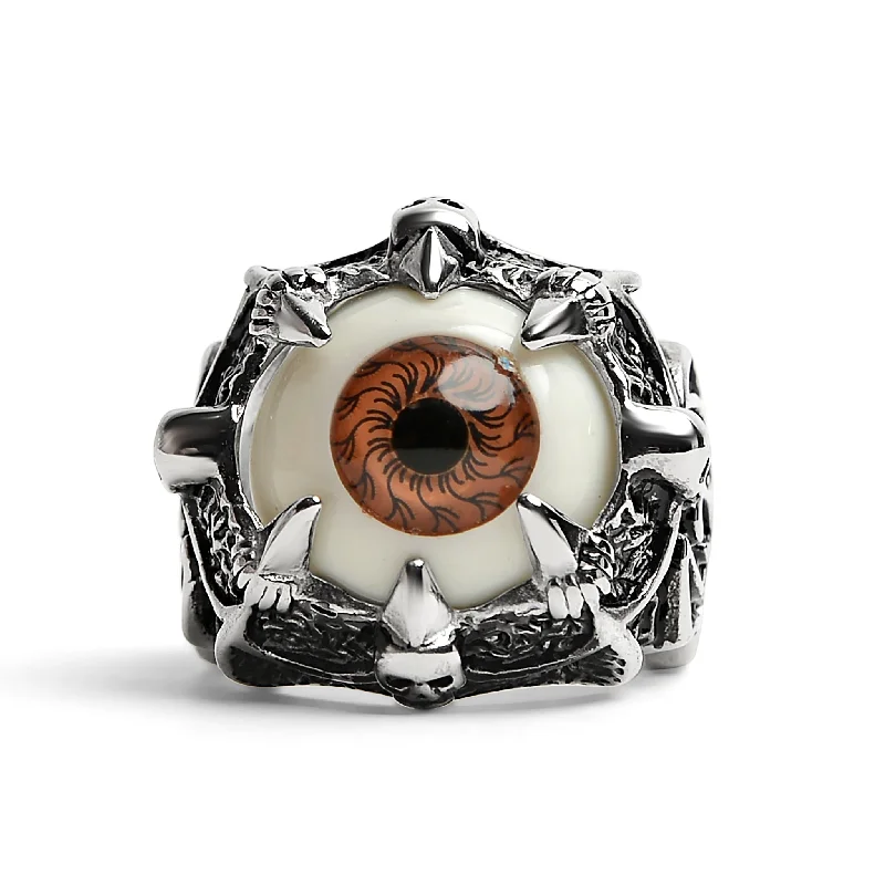 baguette-cut ladies ring-Stainless Steel Gothic Red Eyeball With Claw And Skull Accents Ring / SCR4090