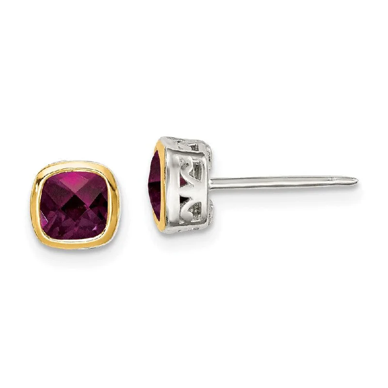 feather motif ladies earrings-Sterling Silver w/ 14K Accent Rhodolite Garnet Square Stud Earrings