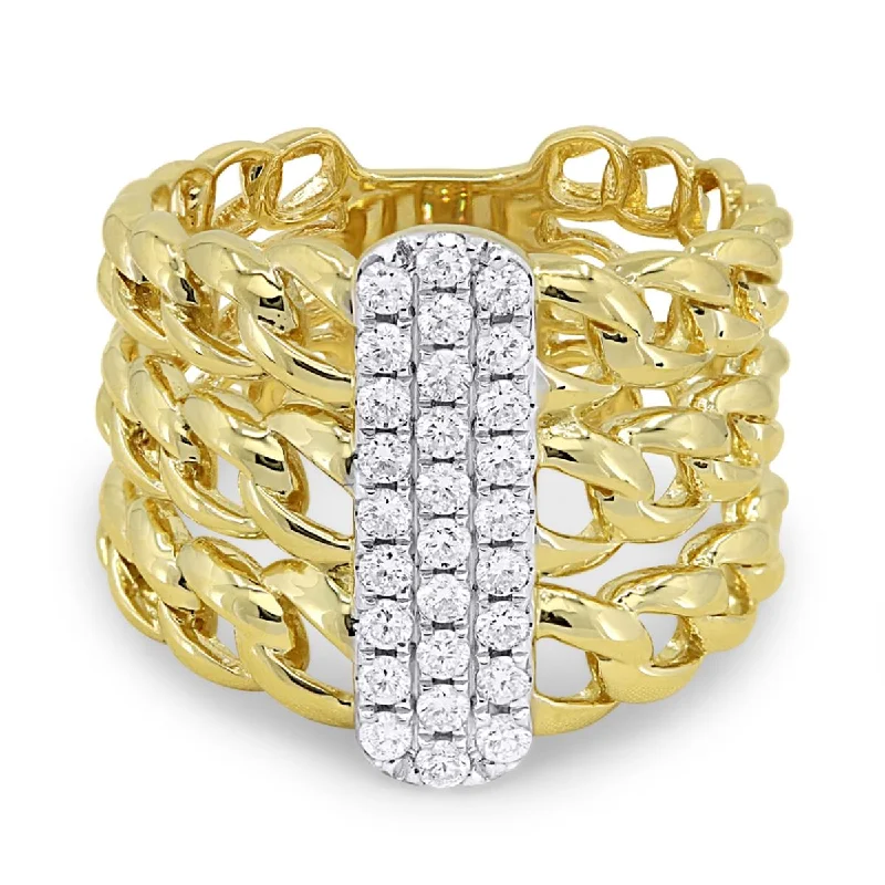 oval-cut ladies ring-YELLOW GOLD AND DIAMOND STATEMENT RING WITH 3 ROW DESIGN, .45 CT TW