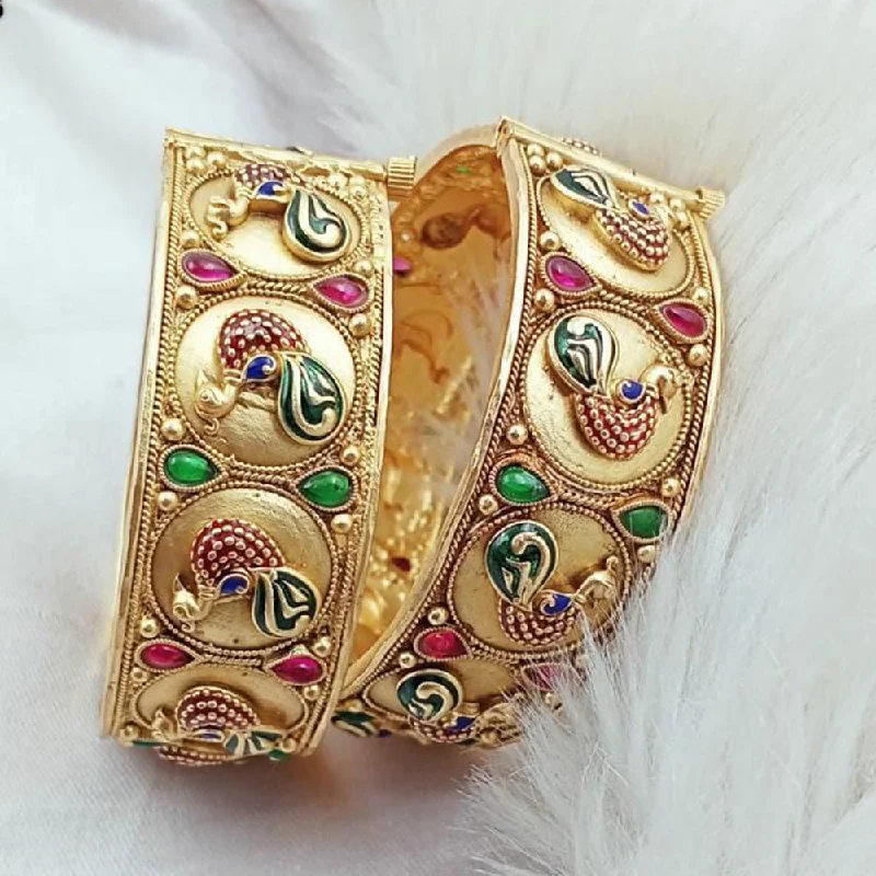 fashion jewelry ladies bracelet-Kavita Art Gold Plated Kundan Stone And Meenakari Openable Bangles Set