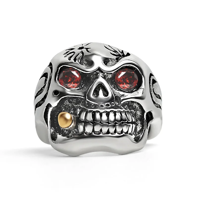 platinum ladies ring-Stainless Steel Bullet Cigar Smoking Red CZ Eyed Skull Ring / SCR3074