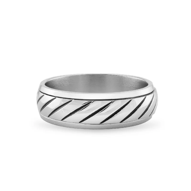 geometric design ladies ring-Stainless Steel Grooved Pattern Spinner Center Ring / SRJ2143