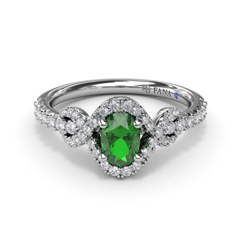 modern split-shank engagement ring for women-Love Knot Emerald and Diamond Ring R1884E