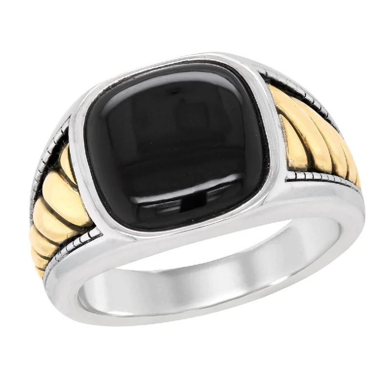 eco-friendly lab-grown ladies ring-MEN'S STERLING SILVER AND YELLOW GOLD FASHION RING WITH BLACK ONYX